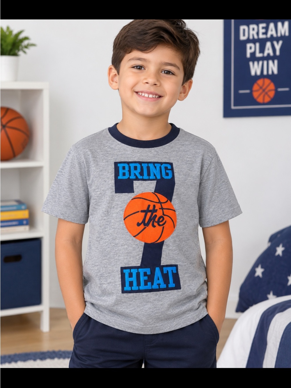 Gymboree Grey Tee with Orange Basketball and Blue Lettering, size Small.